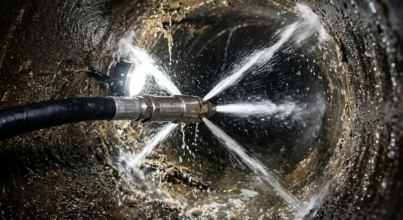 High-pressure hydro jetting nozzle cleaning sewer pipe for Trenchless Sewer Repair in Quincy