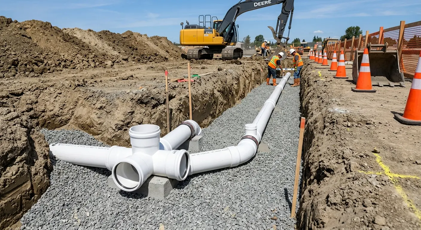 New PVC sewer pipe installation in open trench for Commercial Drain Cleaning in Quincy