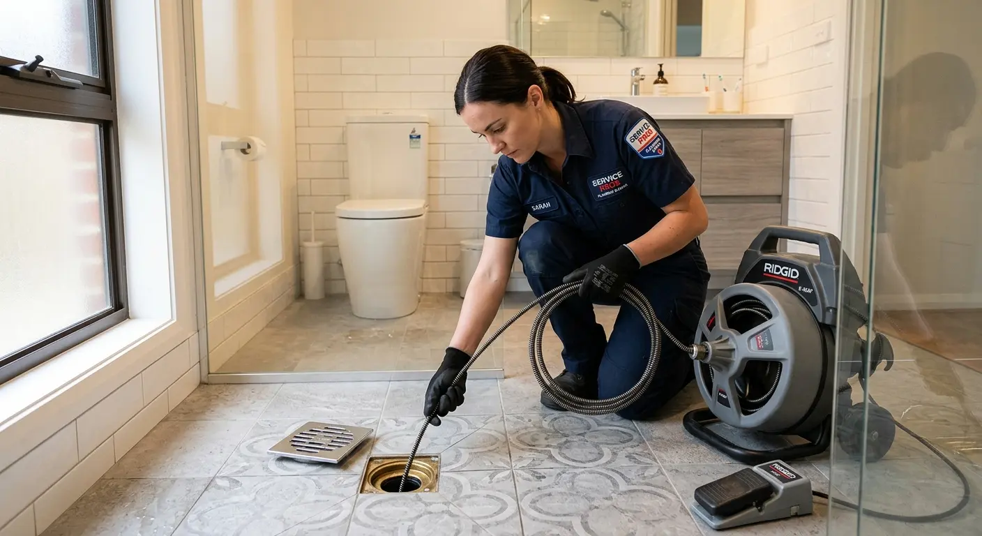 Technician clearing a bathroom floor drain for Clogged Drain Repair in Quincy